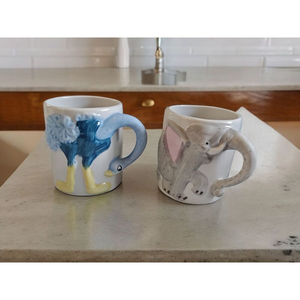 Vintage Small Children's Ostrich & Elephant Mug Cup Set